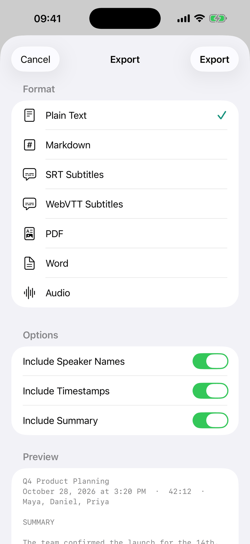 The Ondia export sheet with Plain Text, Markdown, SRT, WebVTT, PDF, Word and Audio, plus options for speaker names, timestamps and summary.