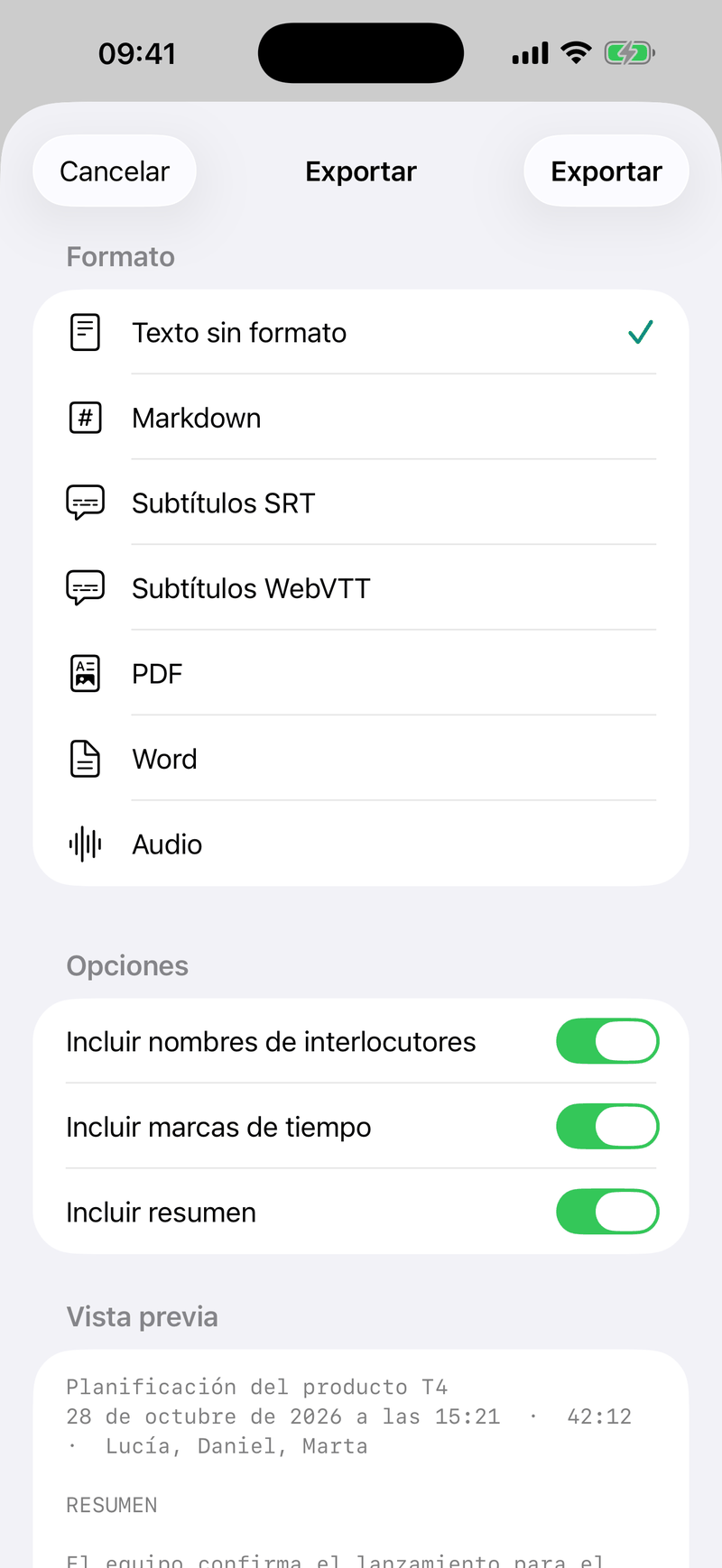 La hoja de exportación de Ondia con texto plano, Markdown, SRT, WebVTT, PDF, Word y audio, y opciones para nombres de interlocutores, marcas de tiempo y resumen.